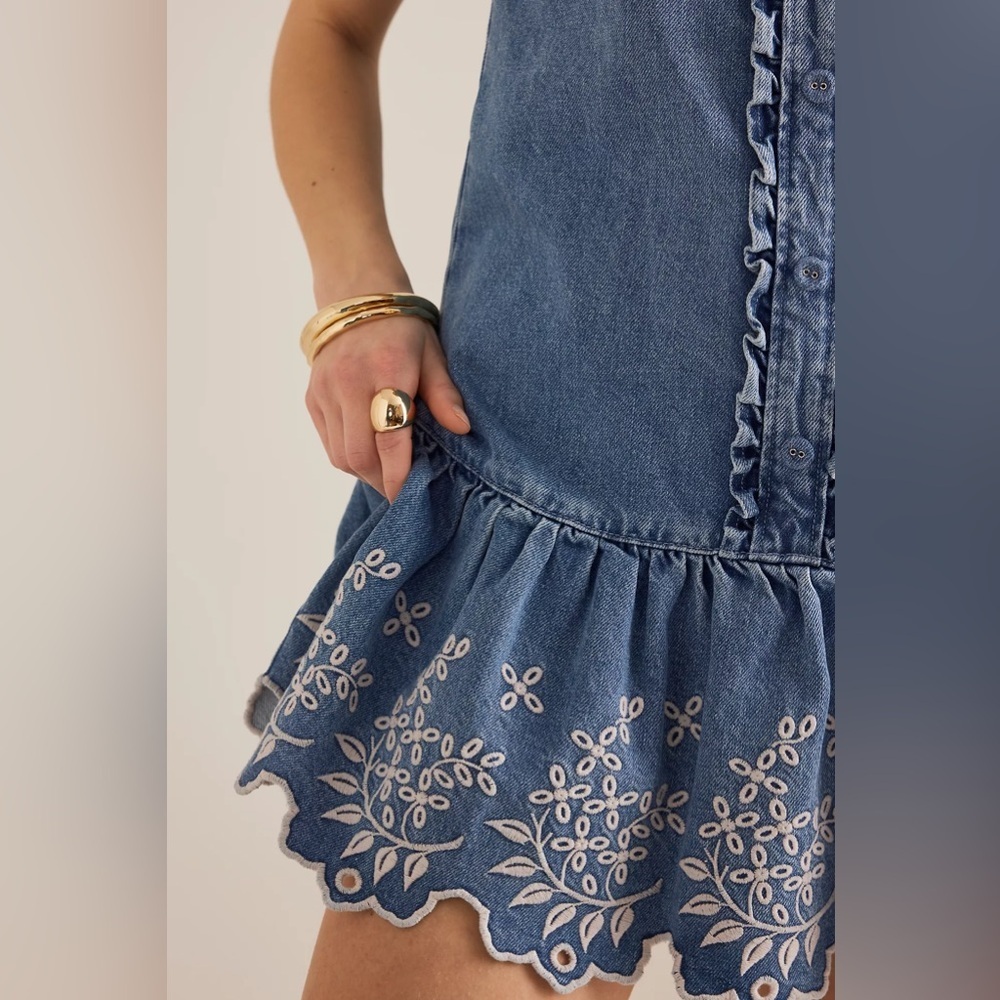 Embroidered Hem Denim Mini Dress - Blue - Picture 4 of 14